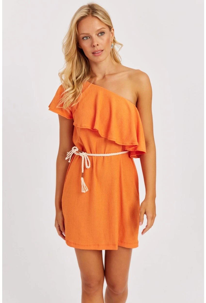 Kadın Turuncu Tek Omuz Mini Elbise EY2778