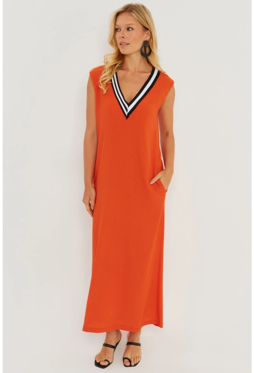 Kadın Turuncu V Yaka Bloklu Maxi Elbise EY2779