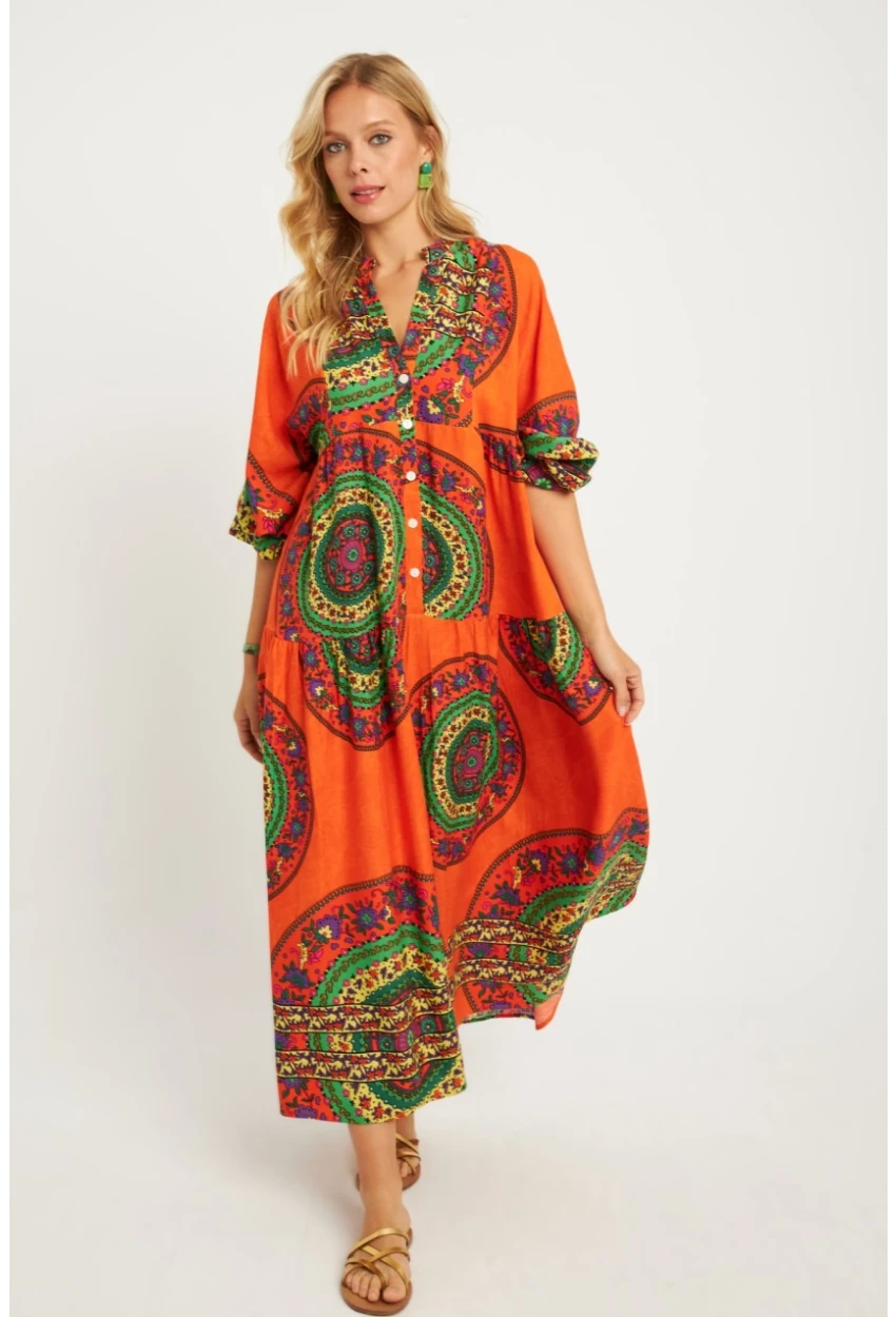 Kadın Turuncu-Yeşil Desenli Midi Elbise MGÇ169