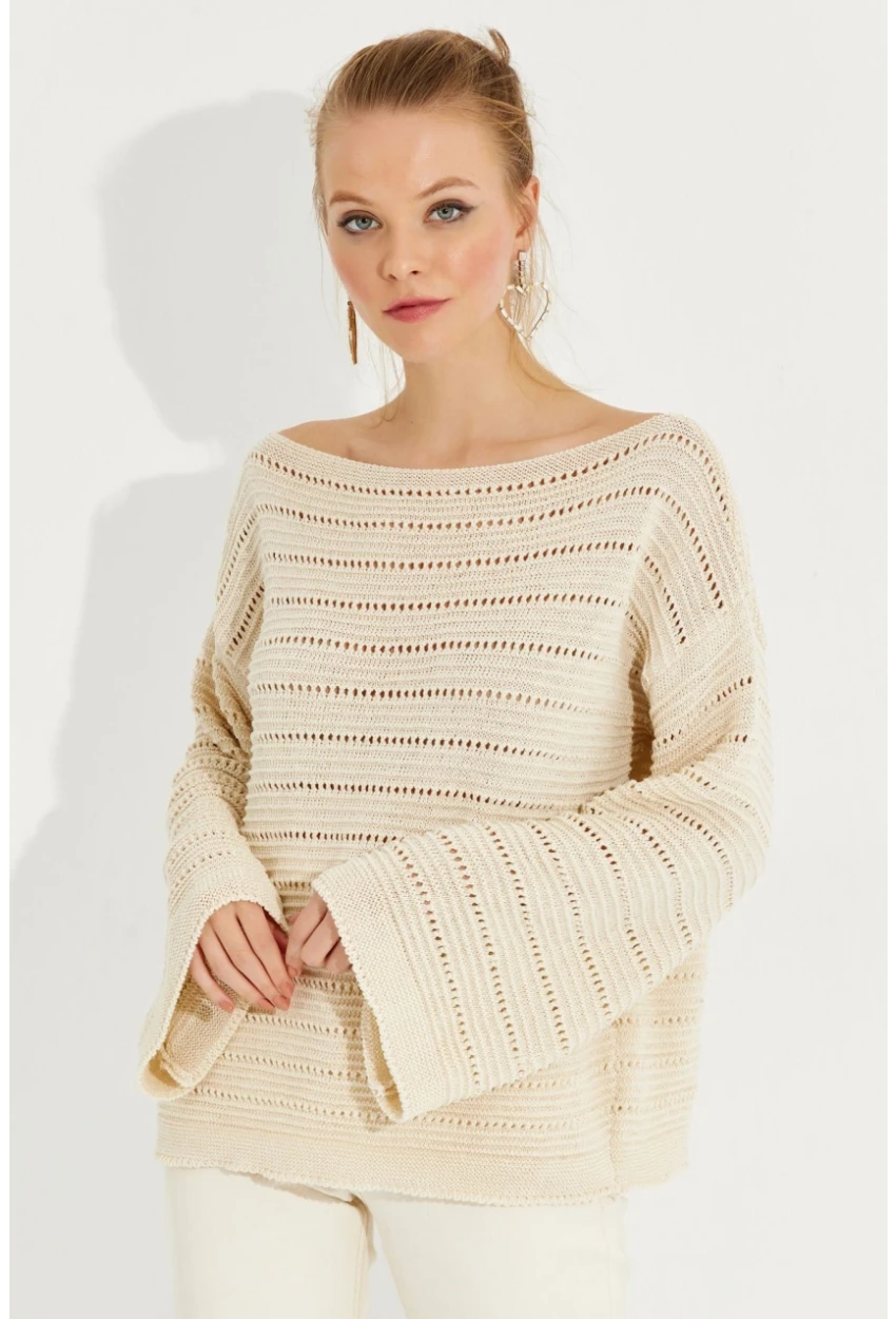 Kadın Vanilya Ajurlu Triko Bluz YV213