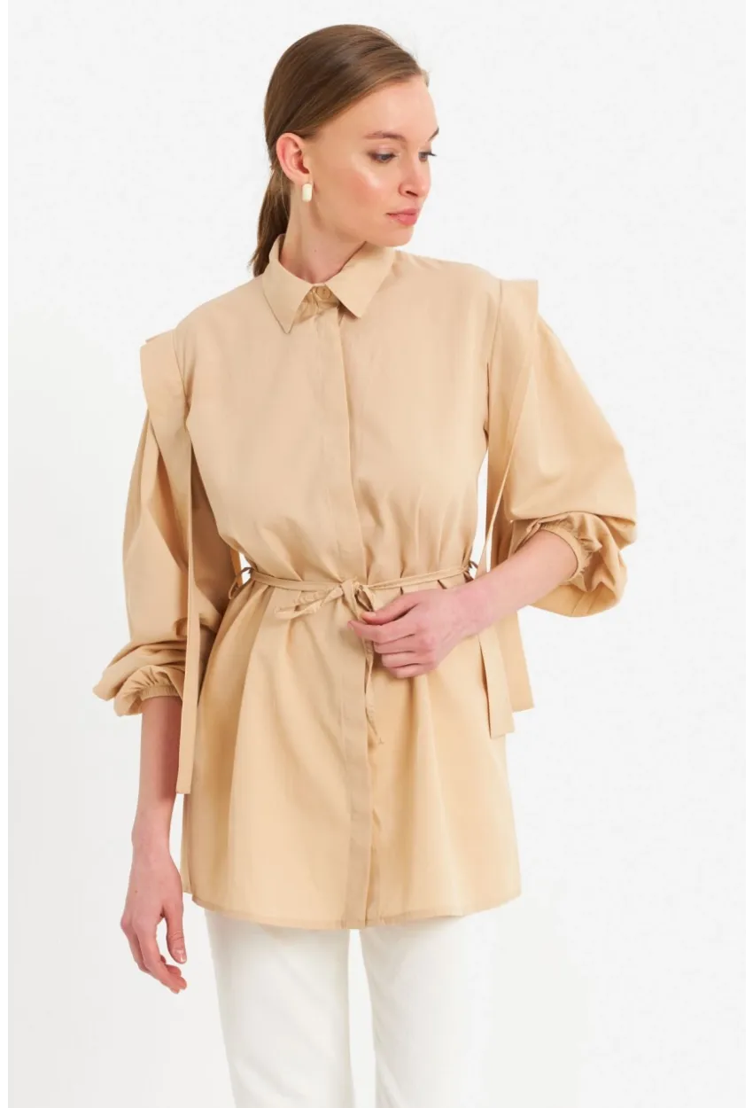 Kadın Vanilya Bağlama Detaylı Basic Gömlek MASF185