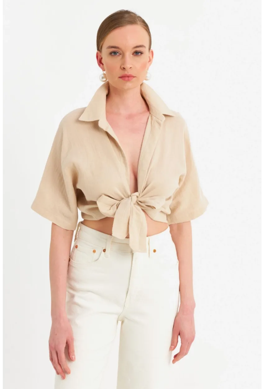 Kadın Vanilya Bağlamalı Keten Bluz BTH16