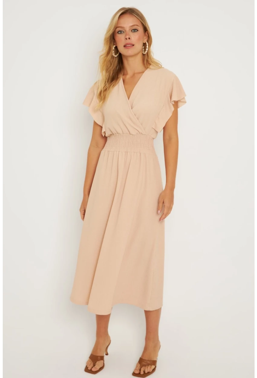 Kadın Vanilya Bürümcük Kruvaze Midi Elbise XL2008