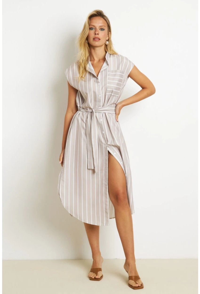 Kadın Vanilya Çizgili Midi Gömlek Elbise SF1000
