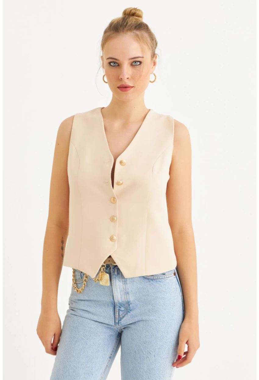 Kadın Vanilya Düğme Detaylı Astarlı Yelek SGT410