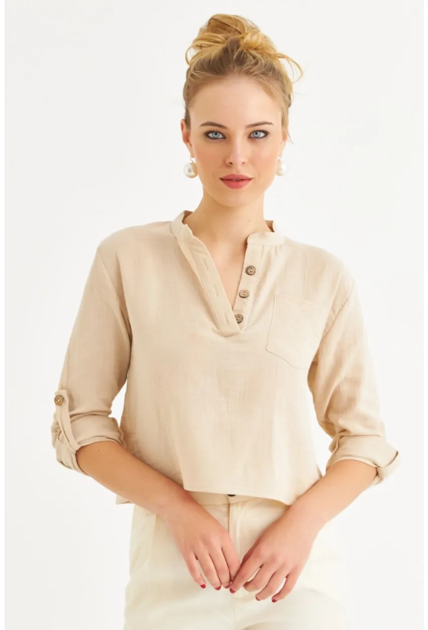 Kadın Vanilya Düğmeli Keten Gömlek Bluz BTH17