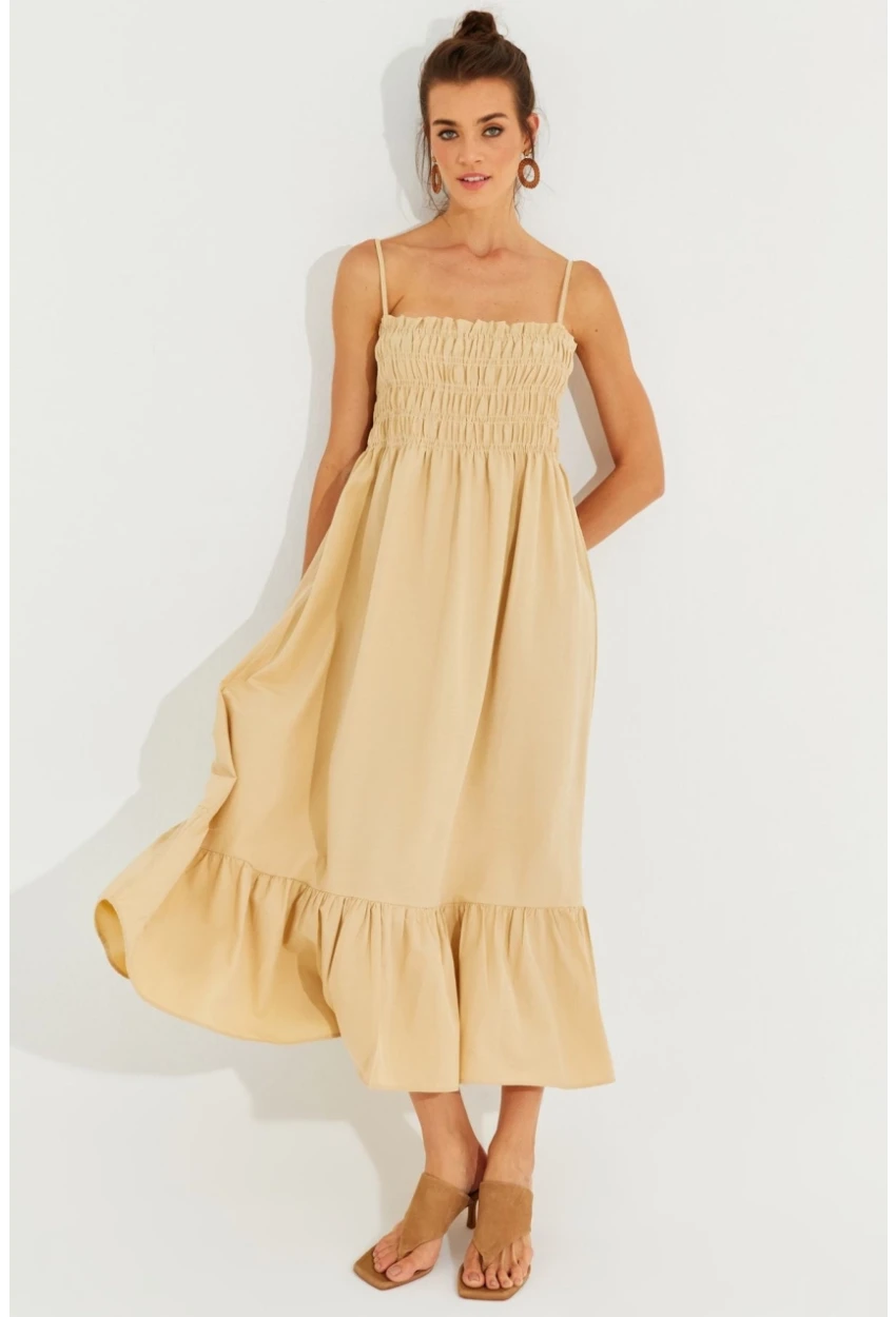 Kadın Vanilya Gipeli Askılı Midi Elbise MEN2000