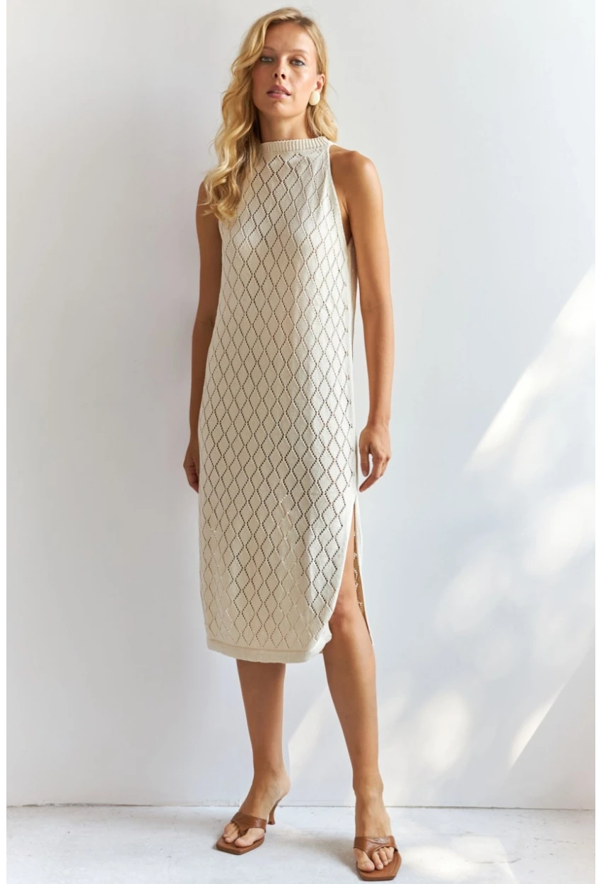 Kadın Vanilya Halter Yaka Triko Midi Elbise MP20134