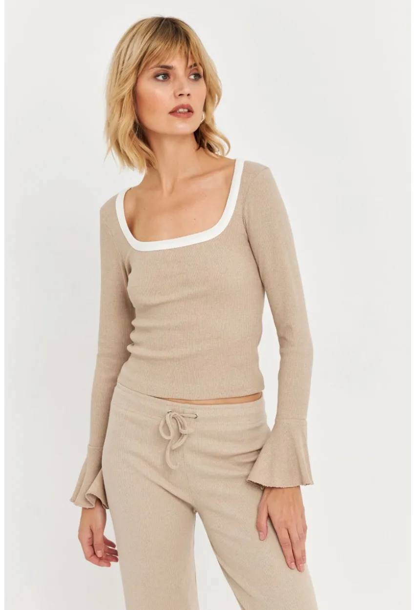 Kadın Vanilya Kontrast Yaka İspanyol Kol Bluz ALB3105