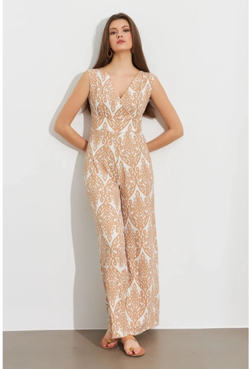 Kadın Vanilya Kruvaze Yaka Desenli Bürümcük Tulum MP430