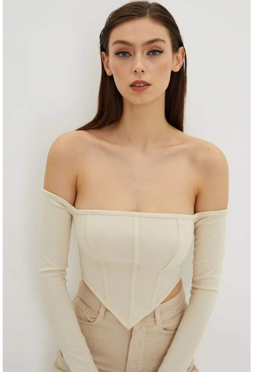 Kadın Vanilya Sırt Fermuarlı Crop Bluz B518