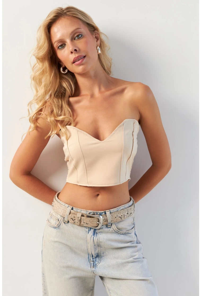 Kadın Vanilya Sırtı Gipeli Crop Bluz NH24754