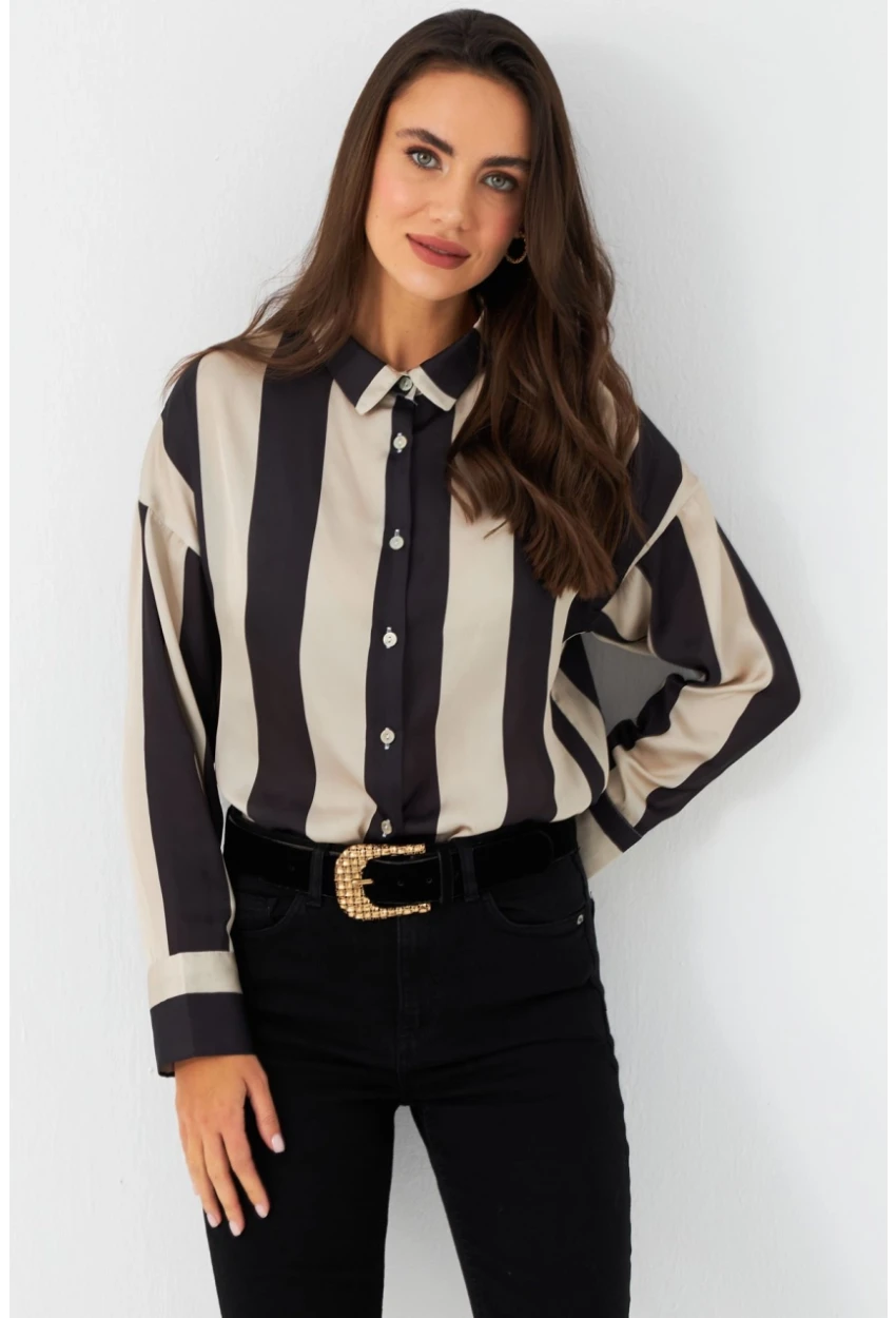 Kadın Vanilya-Siyah Desenli Saten Gömlek MSHR500