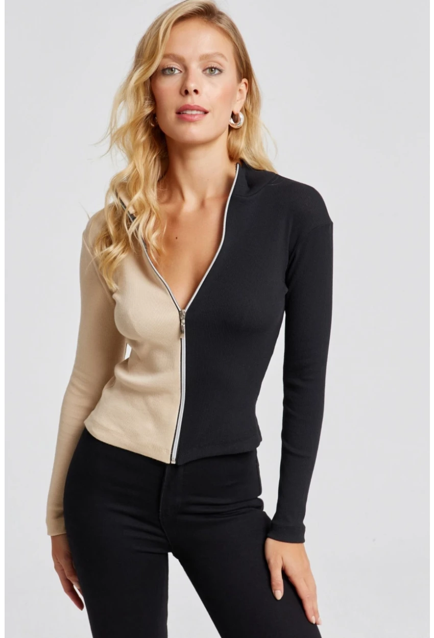 Kadın Vanilya-Siyah Renk Bloklu Kaşkorse Bluz EY2586