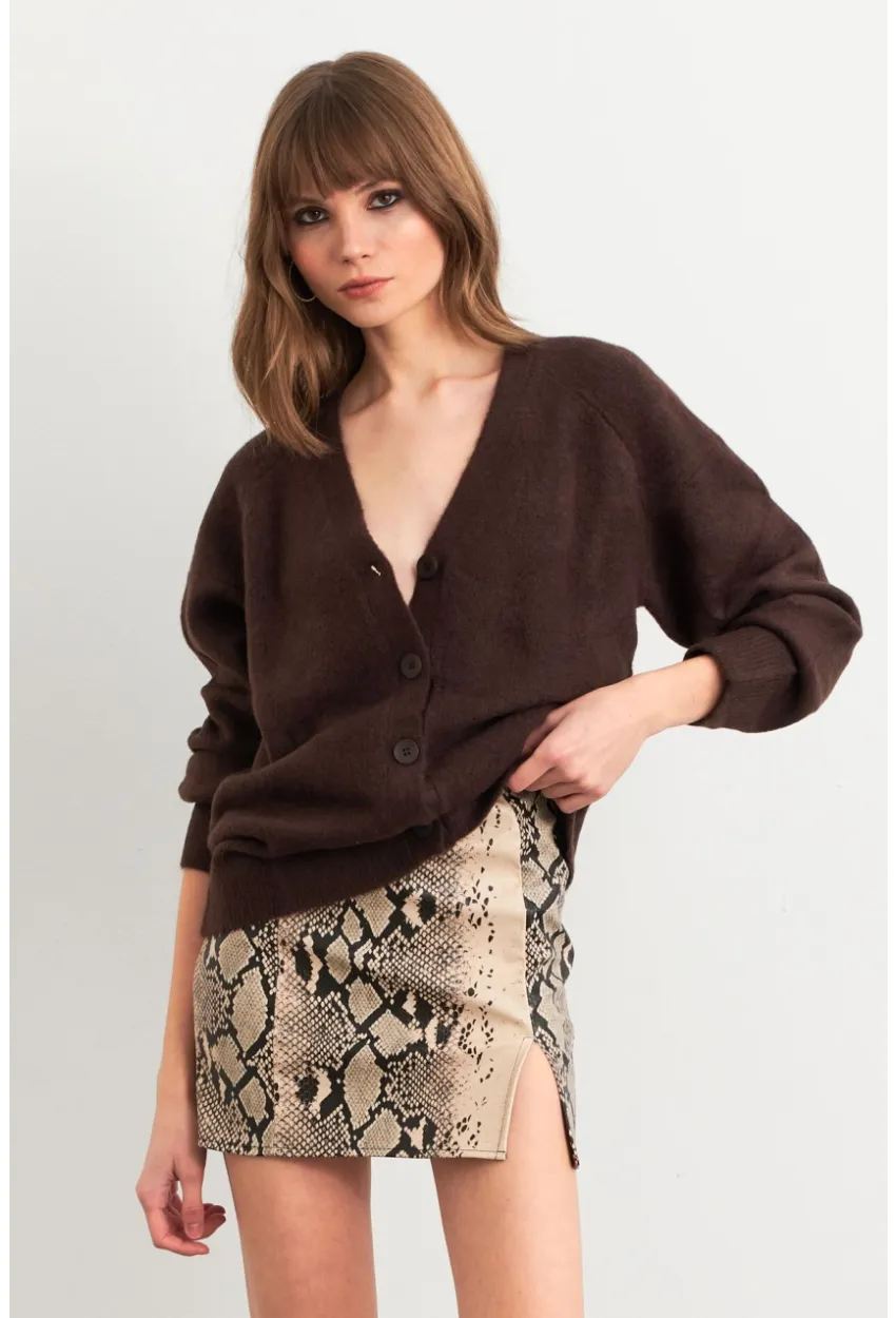 Kadın Vanilya-Siyah Suni Deri Yılan Desenli Mini Etek NH24475