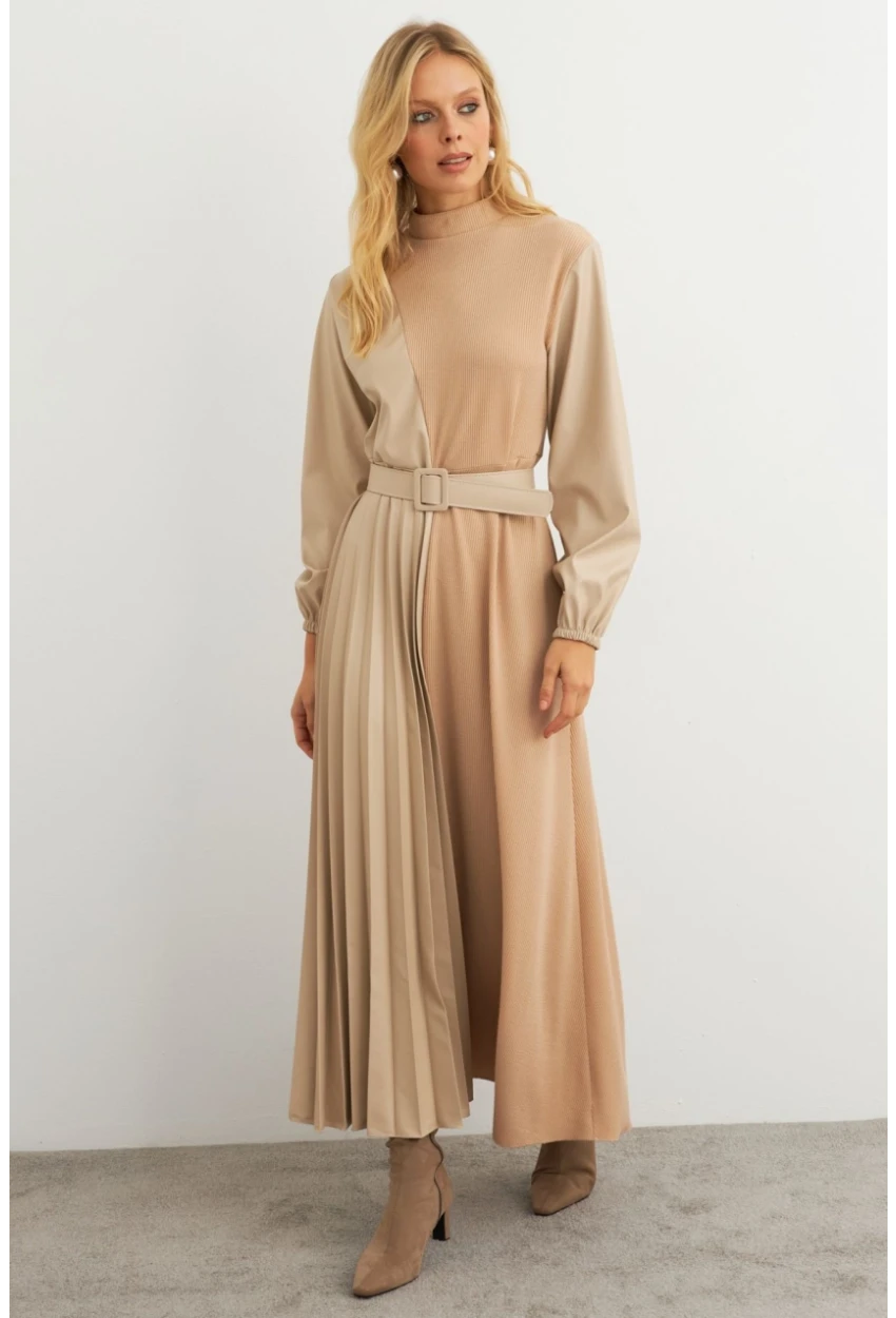 Kadın Vanilya Suni Deri Bloklu Pilili Maxi Elbise MALZ100