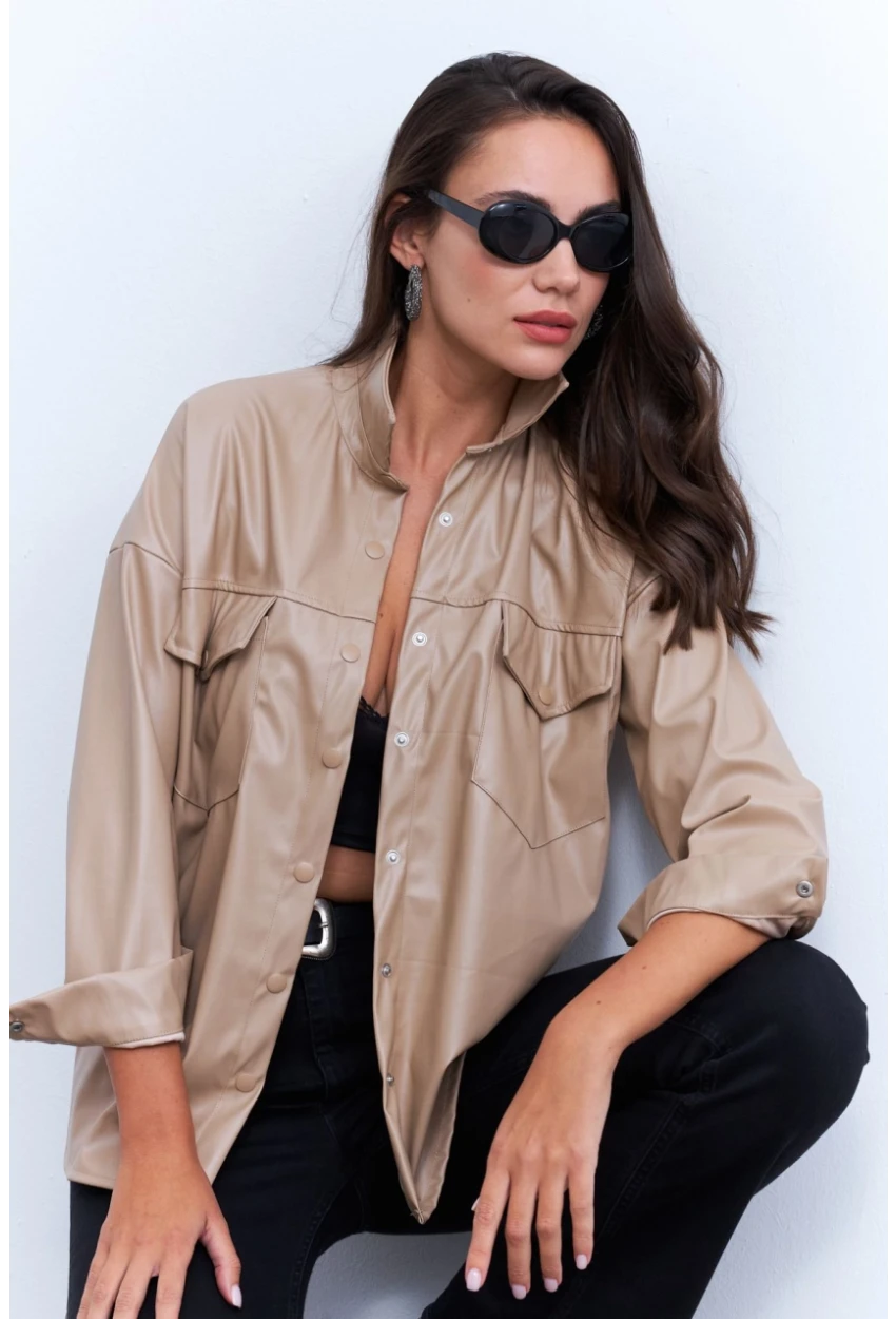 Kadın Vanilya Suni Deri Gömlek HO56