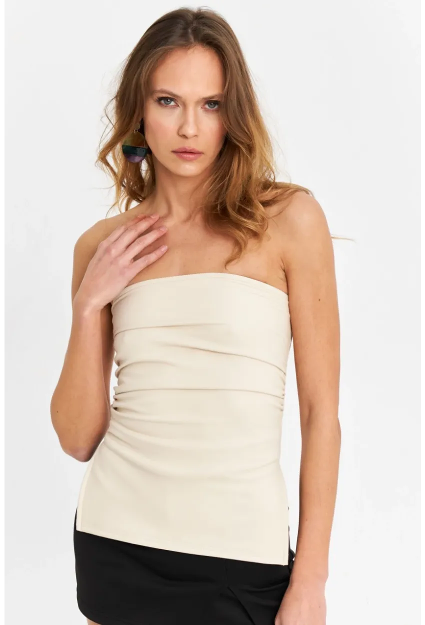 Kadın Vanilya Suni Deri Straplez Bluz SB113