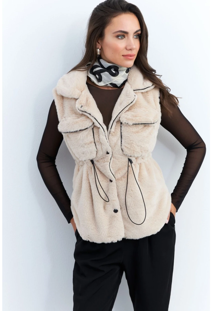 Kadın Vanilya Suni Kürk Cepli Yelek MK66