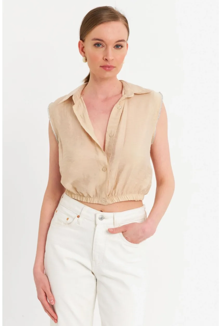 Kadın Vanilya Taş Detaylı Crop Gömlek SUN200