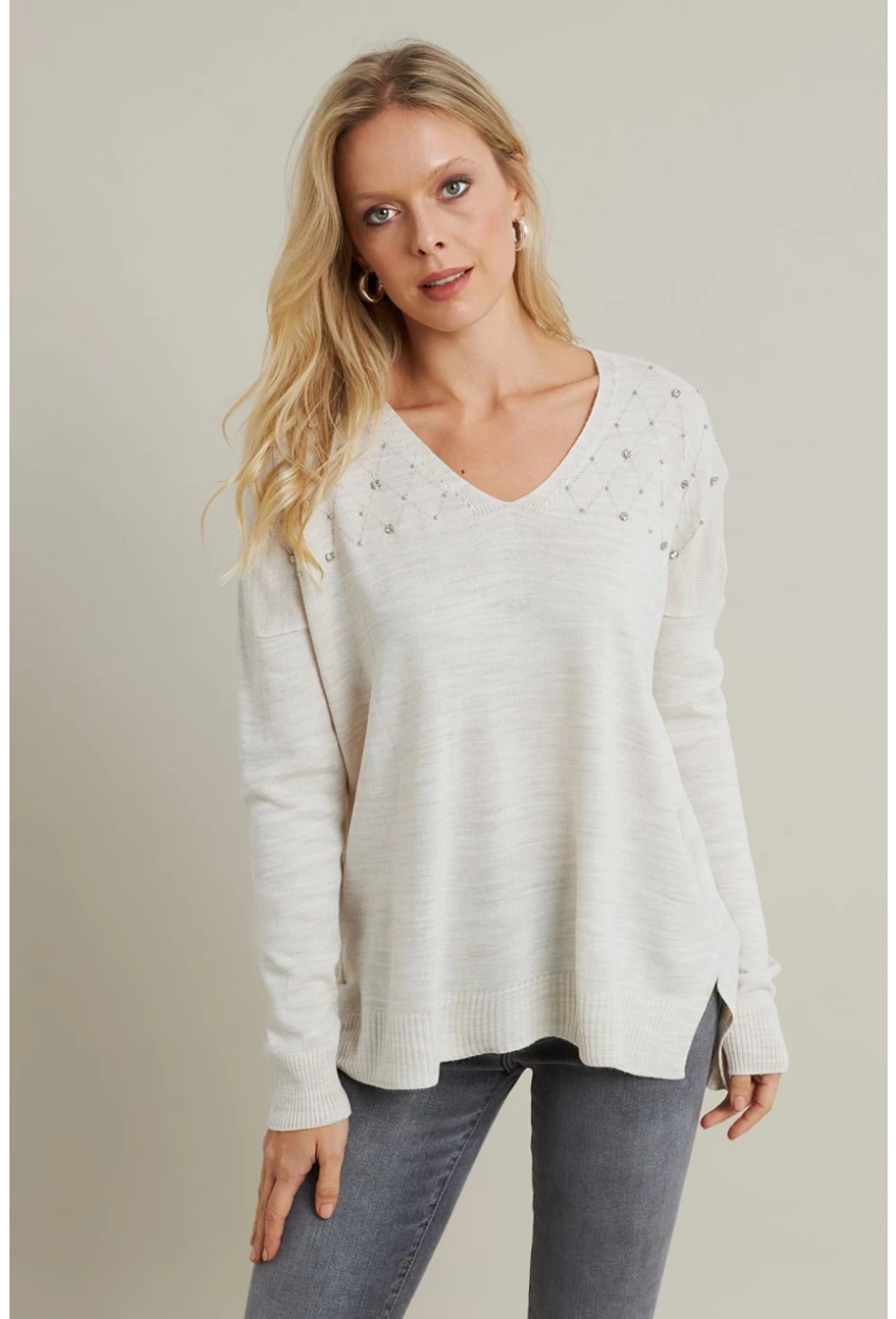 Kadın Vanilya V Yaka Taşlı İnce Triko Bluz MYİL002