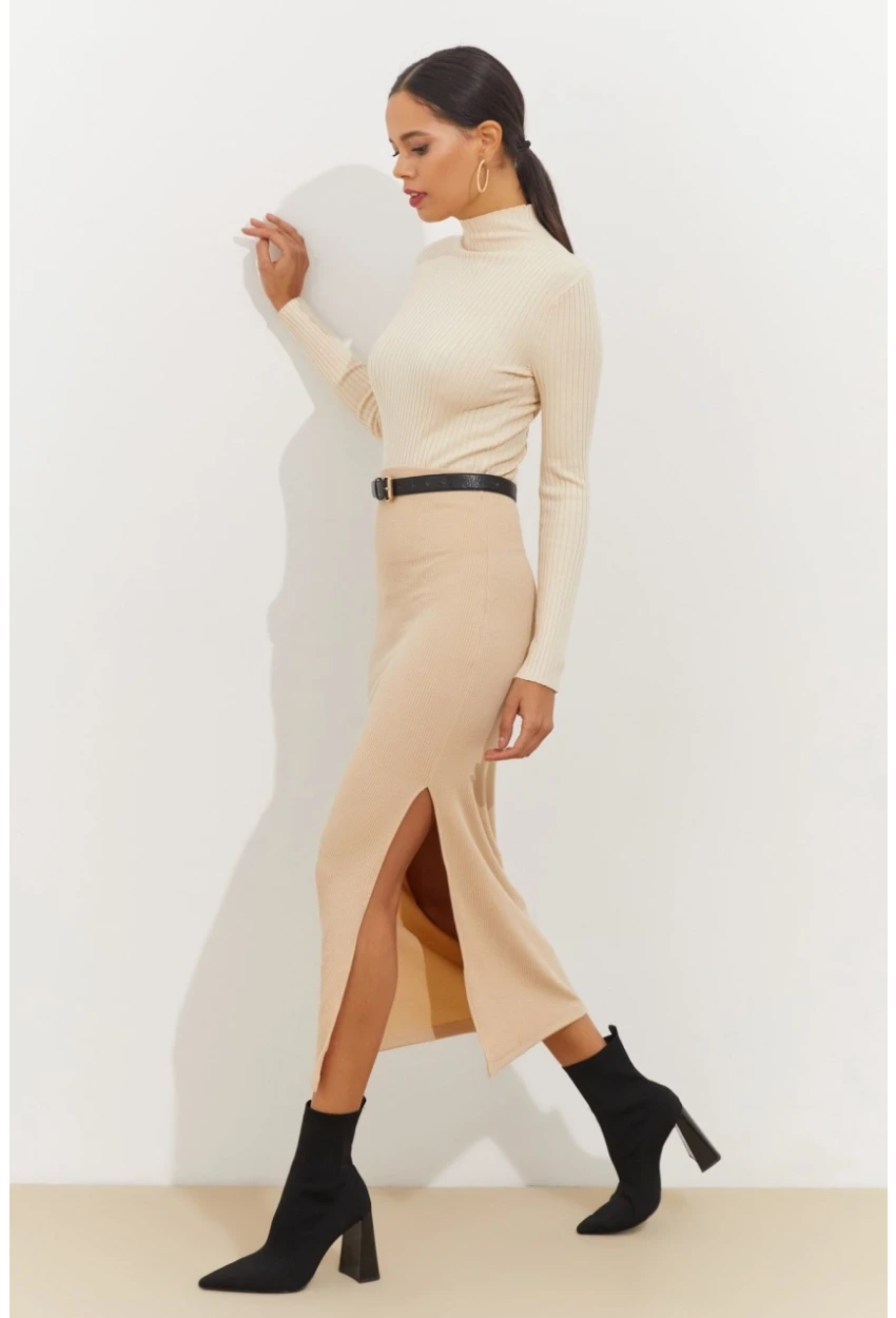 Kadın Vanilya Yandan Yırtmaçlı Midi Etek BK1600