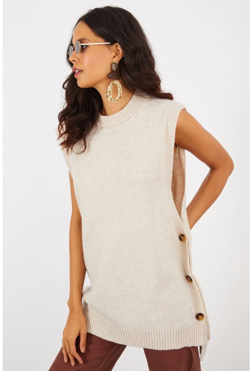 Kadın Vanilya Yanları Düğmeli Kolsuz Triko Tunik YV75