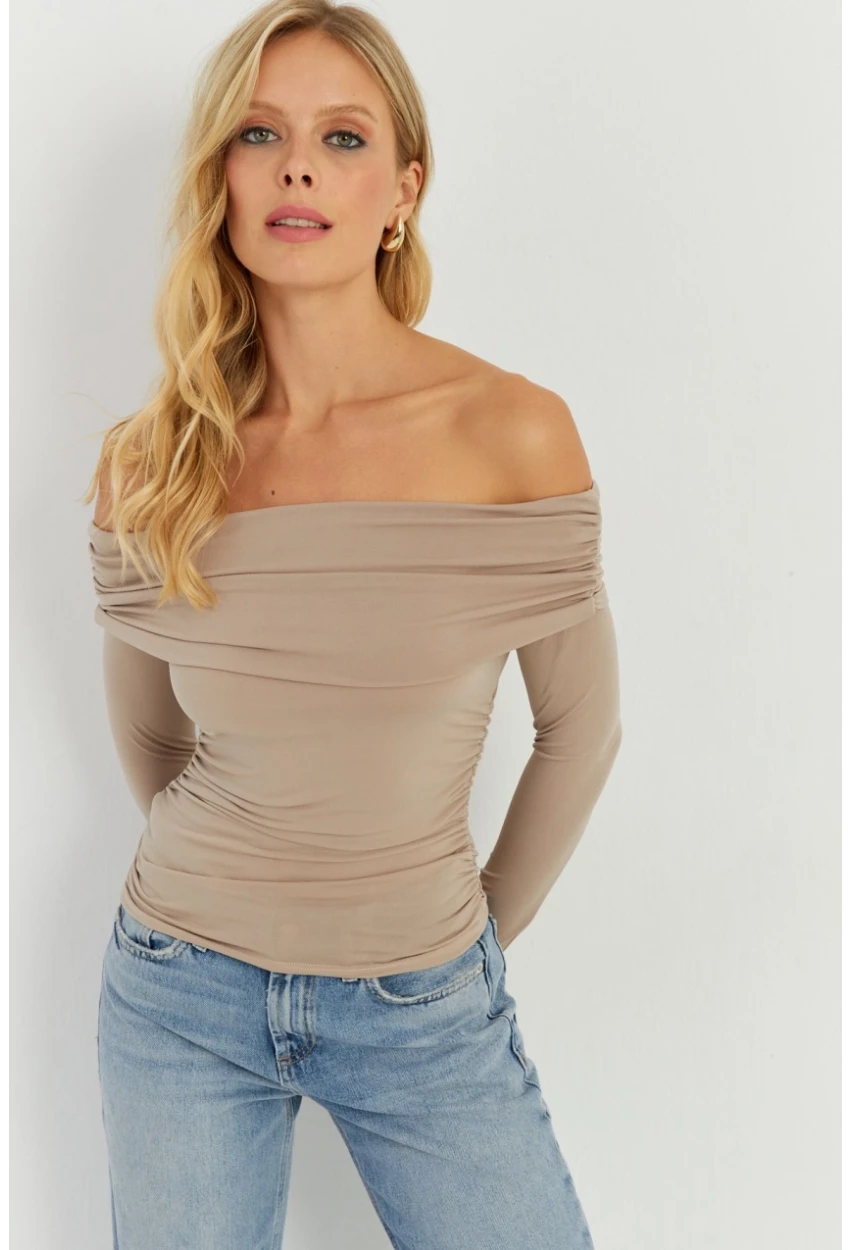 Kadın Vizon Büzgülü Madonna Bluz MON1119