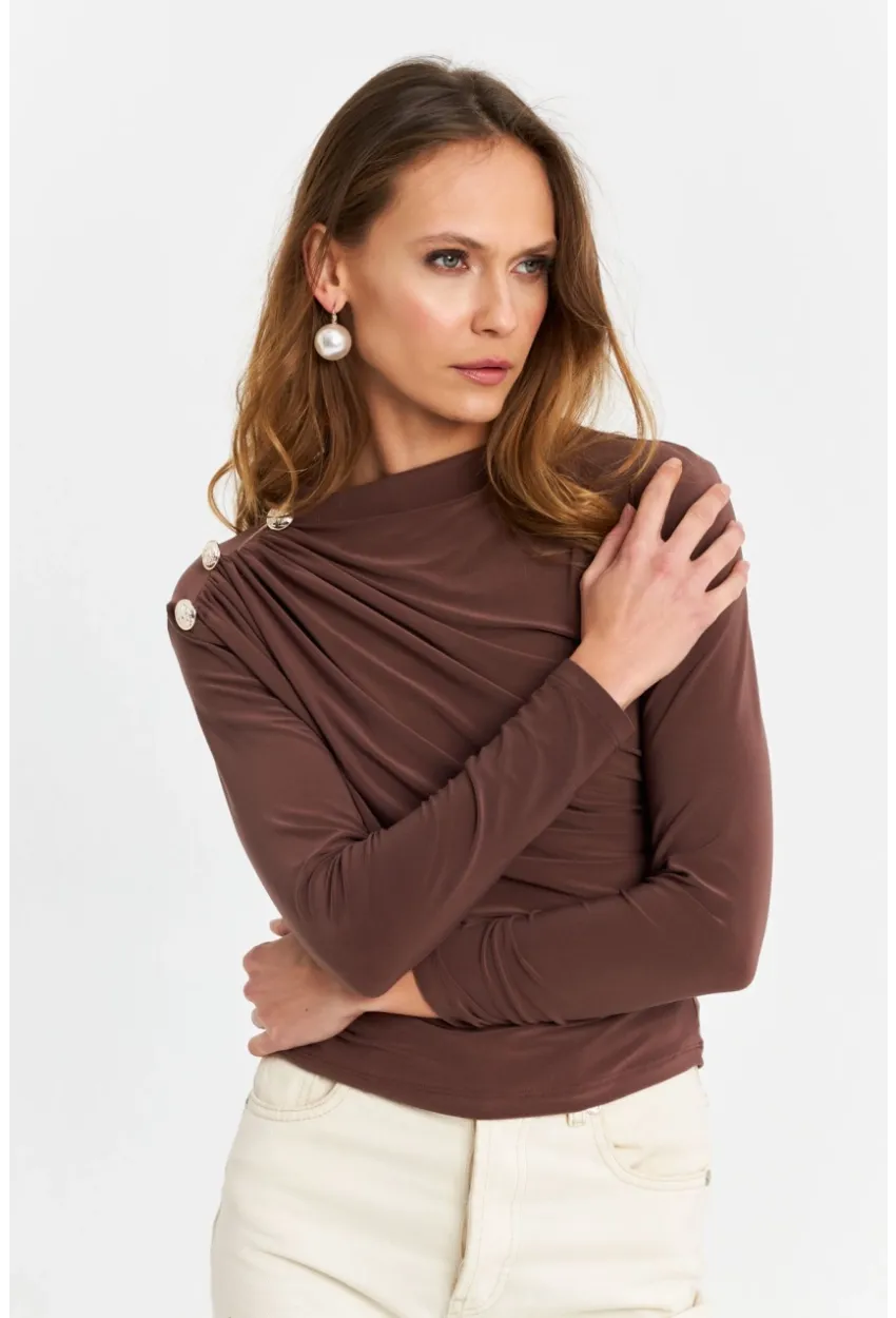 Kadın Vizon Düğme Detaylı Büzgülü Bluz LPP1223-1
