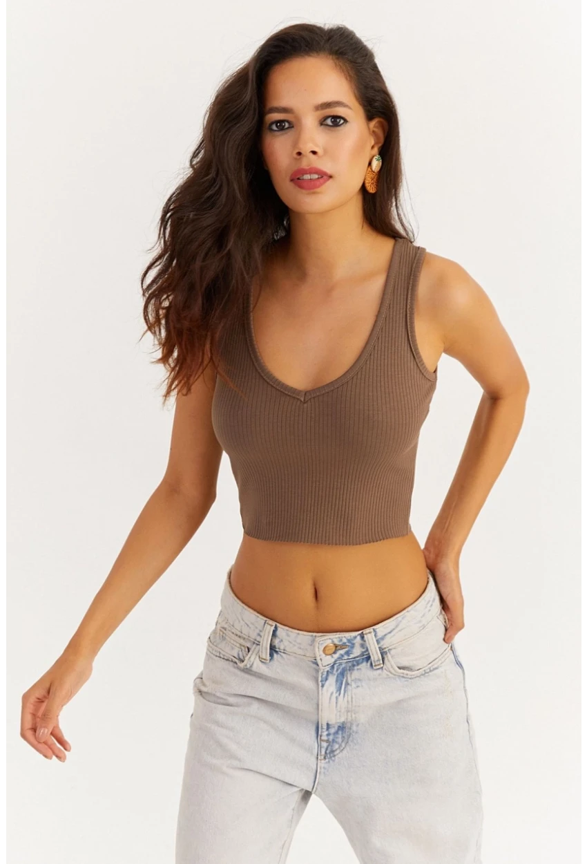 Kadın Vizon V Yaka Crop Bluz LPP1210