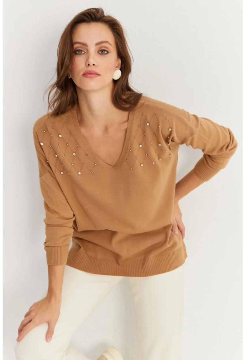 Kadın Vizon V Yaka Taşlı İnce Triko Bluz YİL002