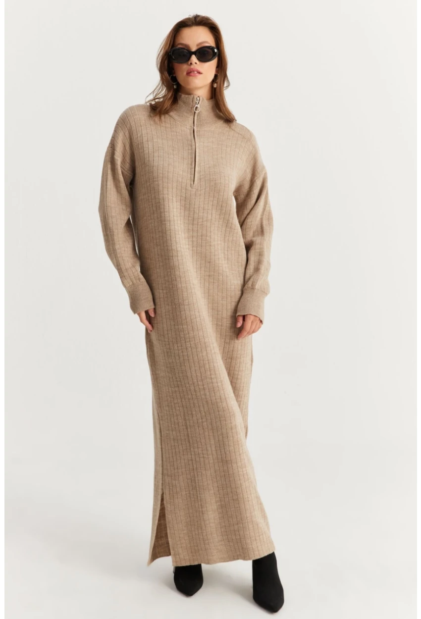 Kadın Vizon Yakası Fermuarlı Triko Maxi Elbise MNUV10
