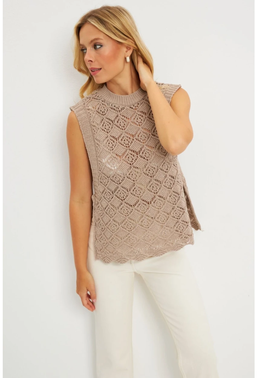 Kadın Vizon Yanları Bağlamalı Ajurlu Süveter YV226