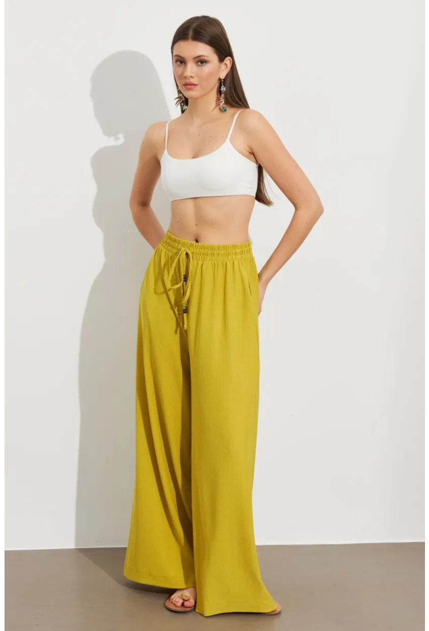 Kadın Yağ Yeşili Beli Lastikli Bürümcük Pantolon ROP105