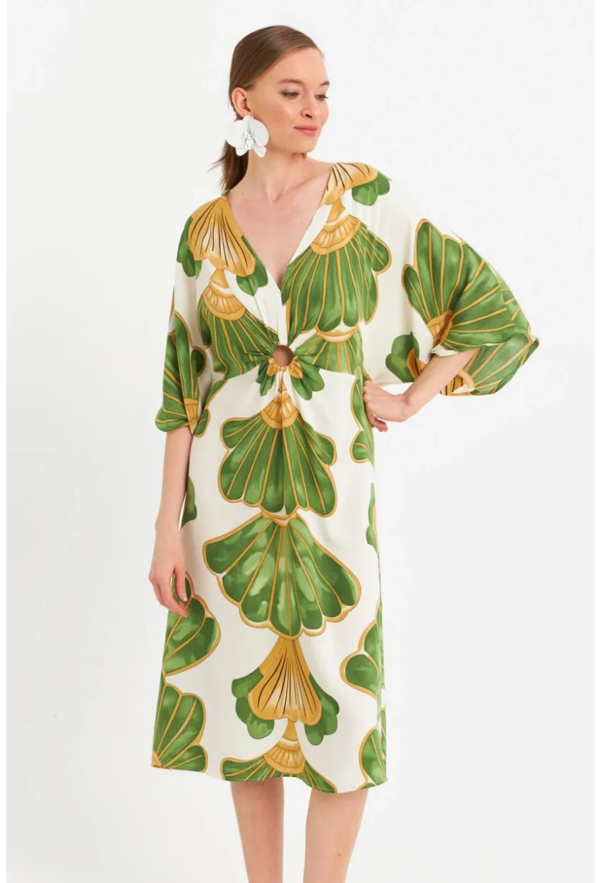 Kadın Yeşil-Beyaz Desenli Pencereli Midi Elbise Q1003