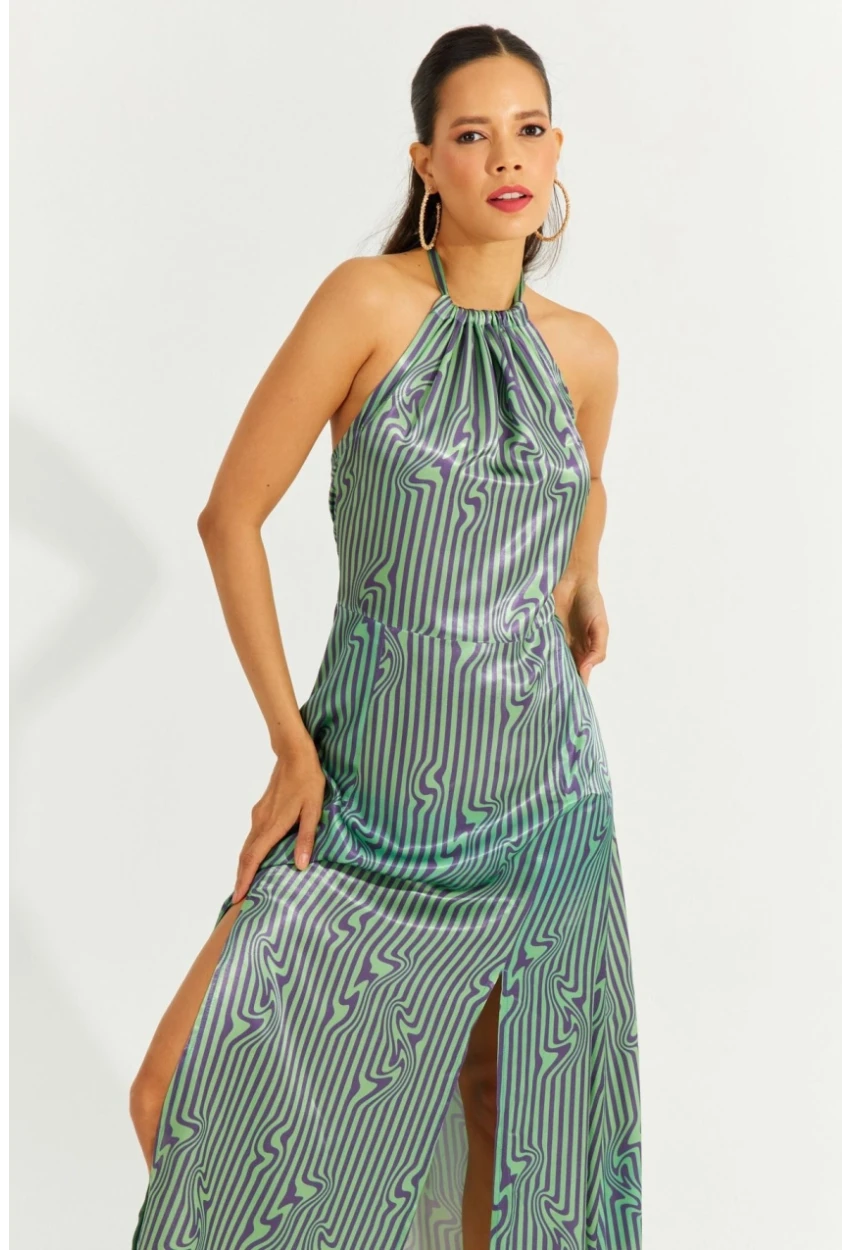 Kadın Yeşil Boyun Bağlamalı Sırtı Gipeli Maxi Elbise BK1664