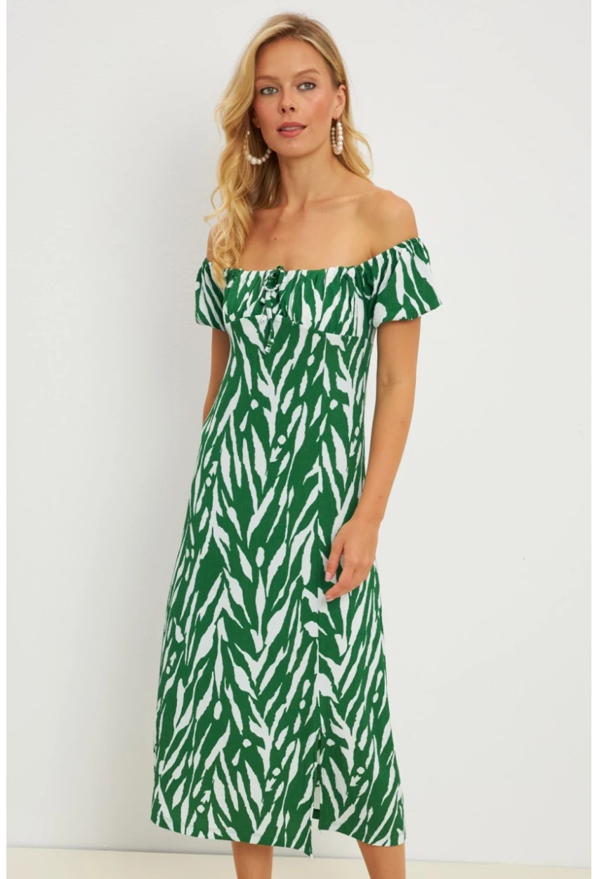 Kadın Yeşil Bürümcük Büzgülü Midi Elbise DY105