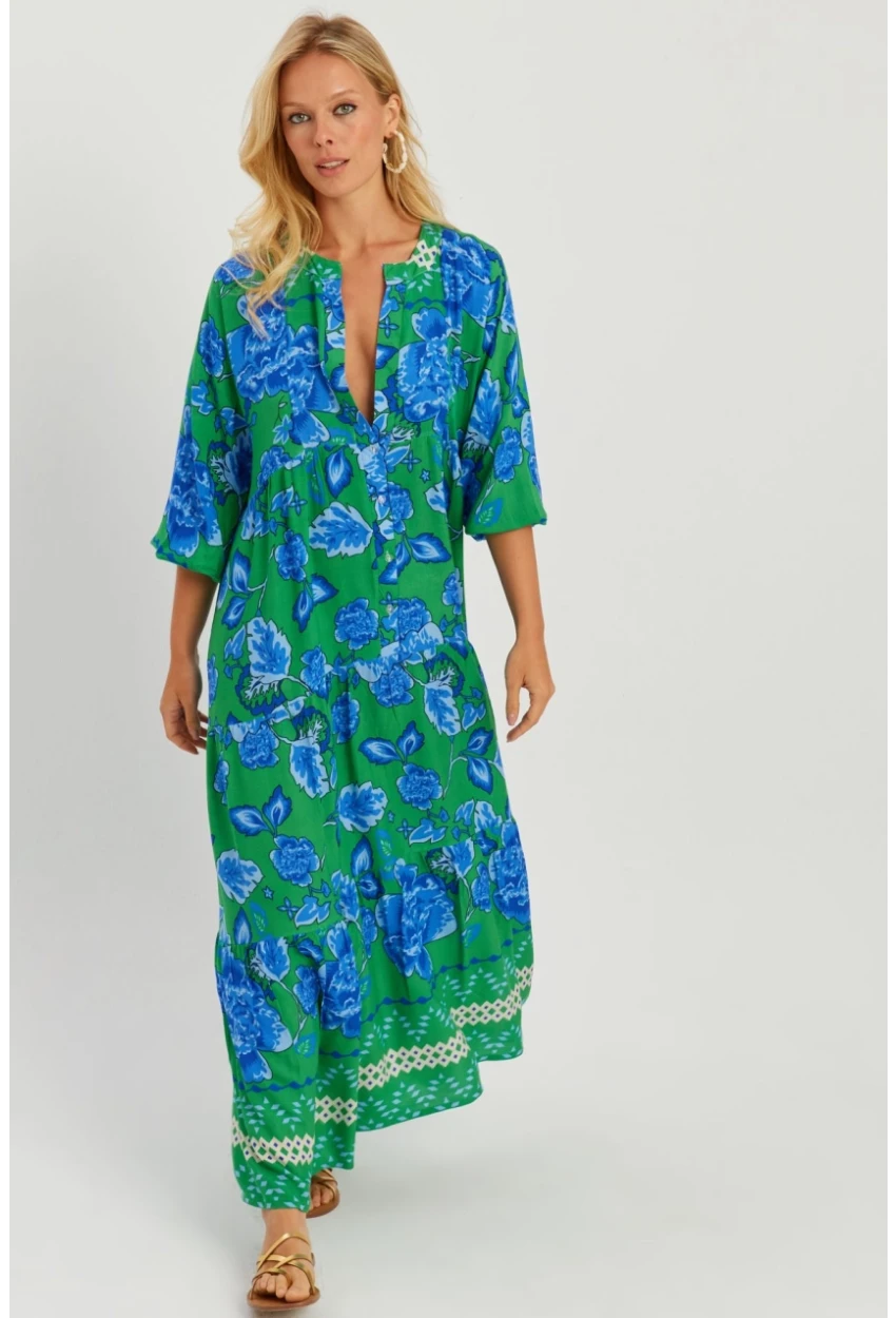 Kadın Yeşil Çiçekli Salaş Maxi Elbise Q989