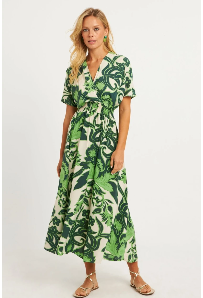 Kadın Yeşil Desenli Gipeli Midi Elbise YZ1055