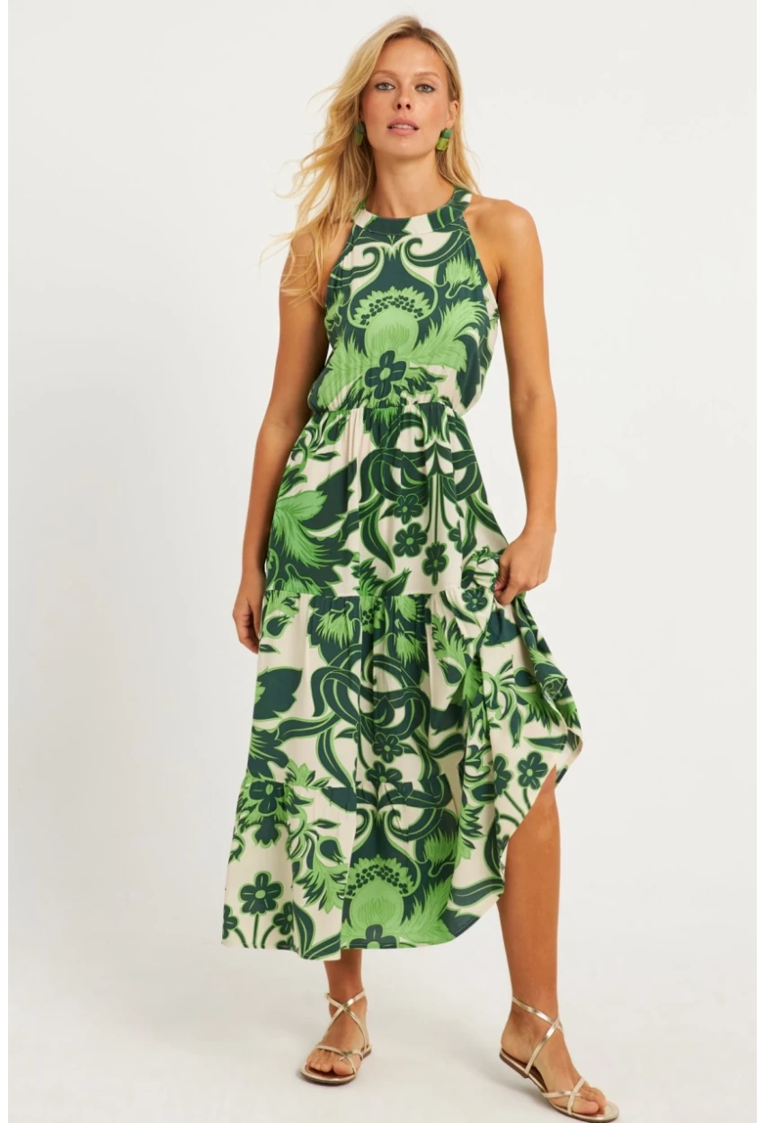 Kadın Yeşil Desenli Midi Elbise YZ1107