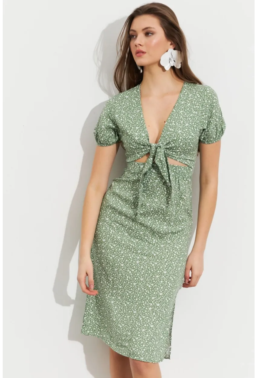 Kadın Yeşil Desenli Pencereli Midi Elbise Q1013