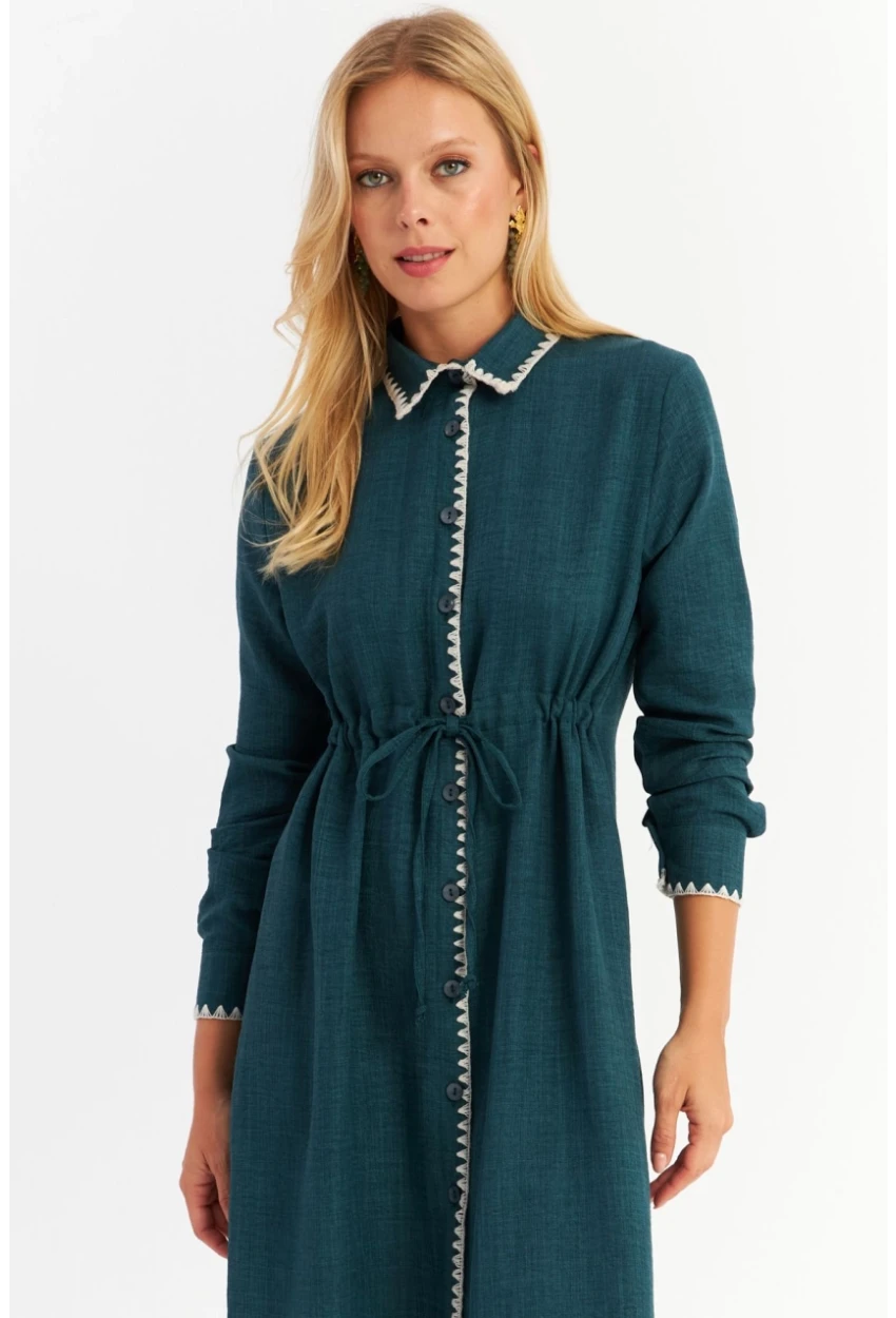 Kadın Yeşil Garnili Gömlek Midi Elbise MASF10