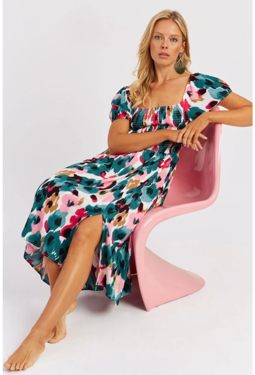 Kadın Yeşil Gipeli Desenli Midi Elbise MON126