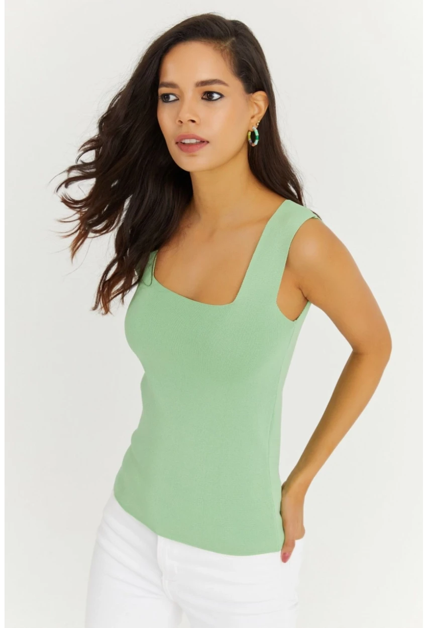 Kadın Yeşil Kare Yaka Triko Bluz YV80