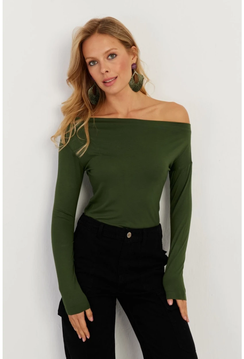 Kadın Yeşil Kayık Yaka Bluz LPP1254