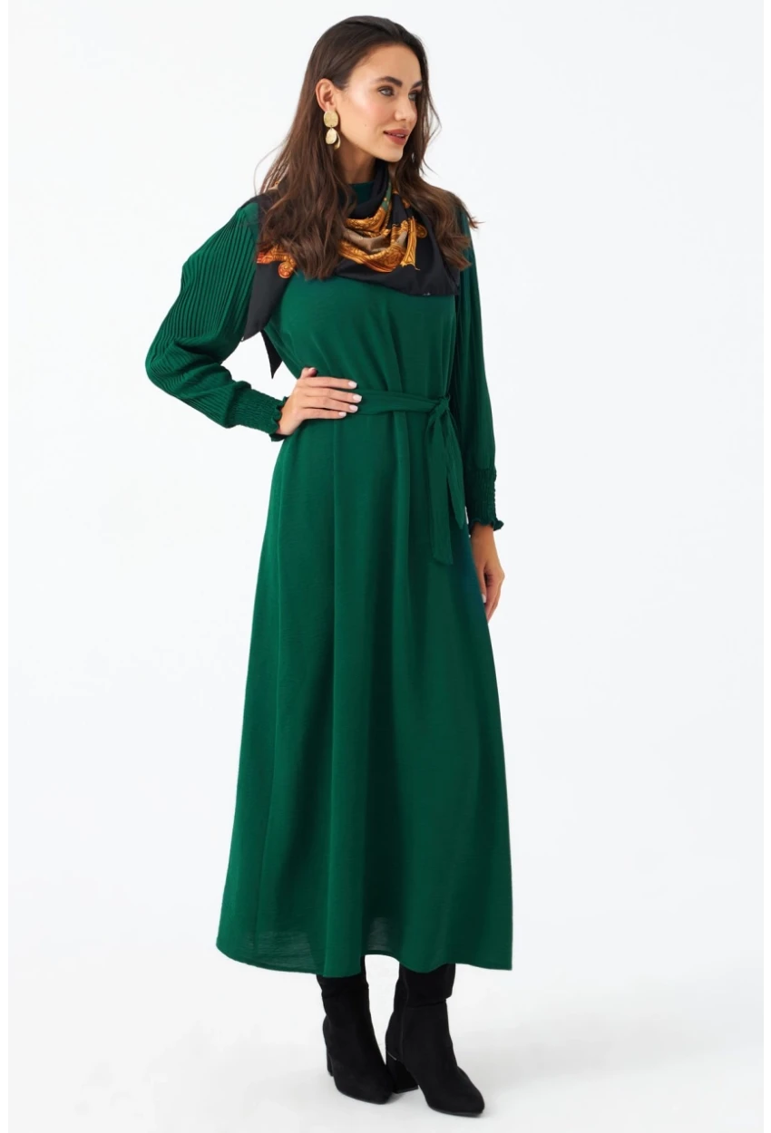 Kadın Yeşil Kolları Pileli Kemerli Maxi Elbise MASF124