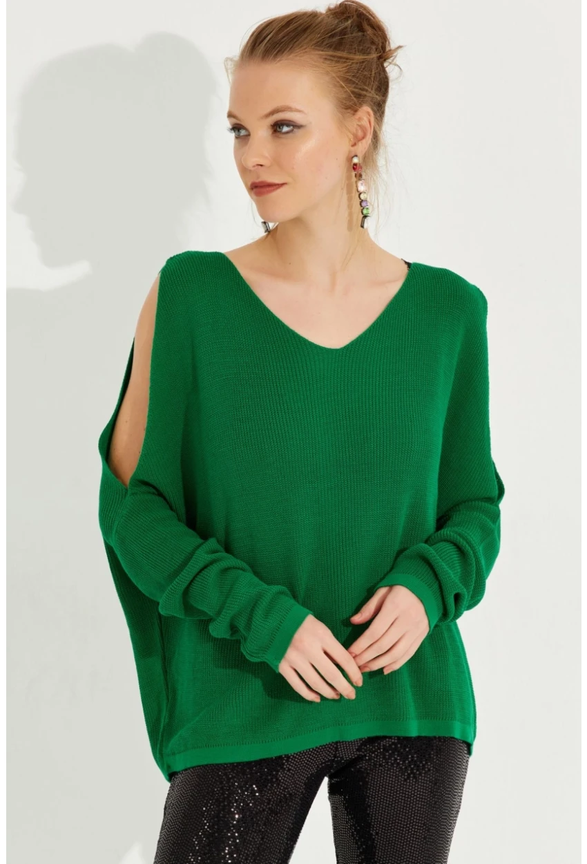 Kadın Yeşil Kolu Yırtmaçlı Triko Bluz SMT221