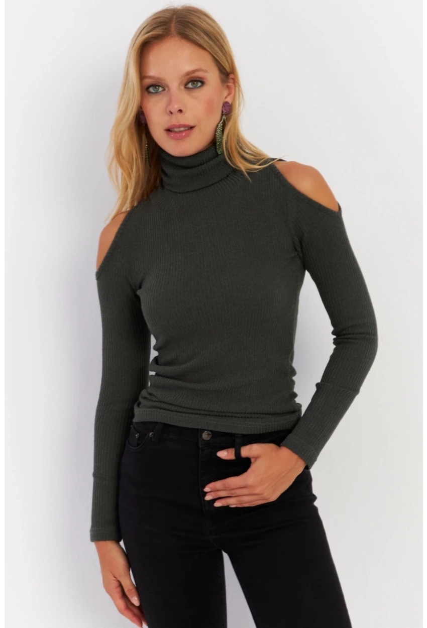 Kadın Yeşil Omuzları Açık Kaşkorse Bluz HOR04