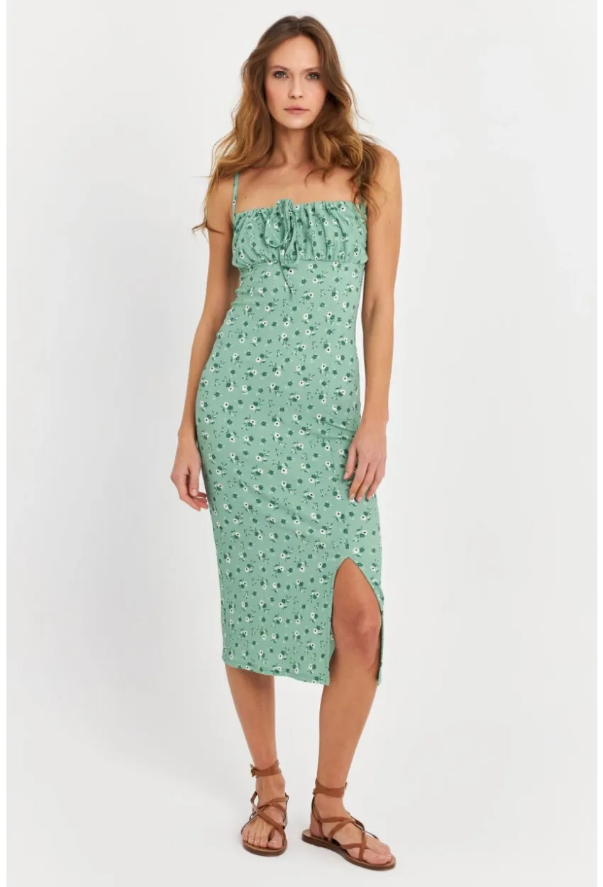 Kadın Yeşil Önü Bağlamalı Midi Elbise MTK10546