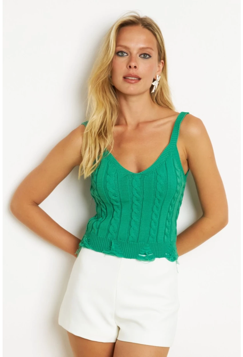 Kadın Yeşil Örgülü V Yaka Triko Bluz KAZ05